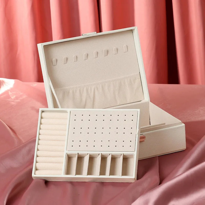 Portagioie a 2 strati in pelle PU grigio/bianco/nero/rosa con cassetto, per 1 persona