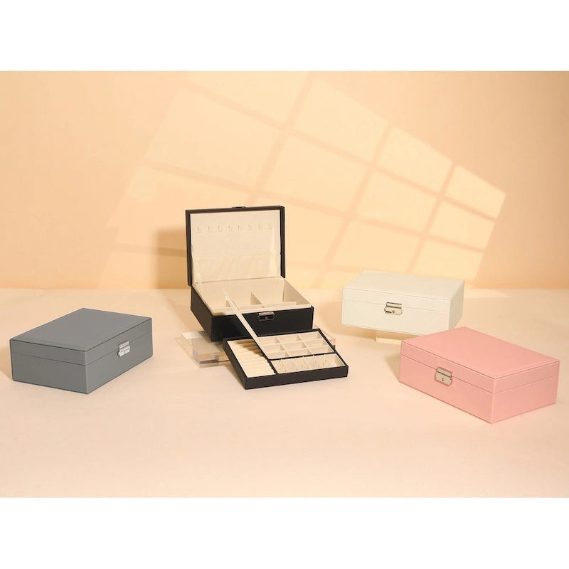 Portagioie a 2 strati in pelle PU grigio/bianco/nero/rosa con cassetto, per 1 persona