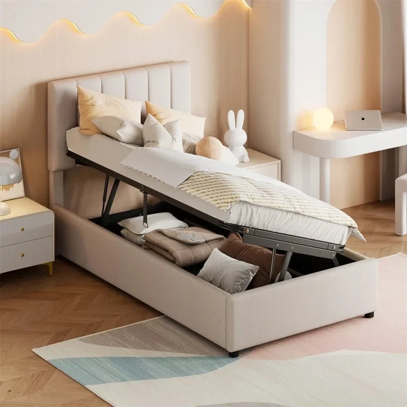 Letto a piattaforma singolo imbottito beige/grigio con contenitore a sollevamento idraulico