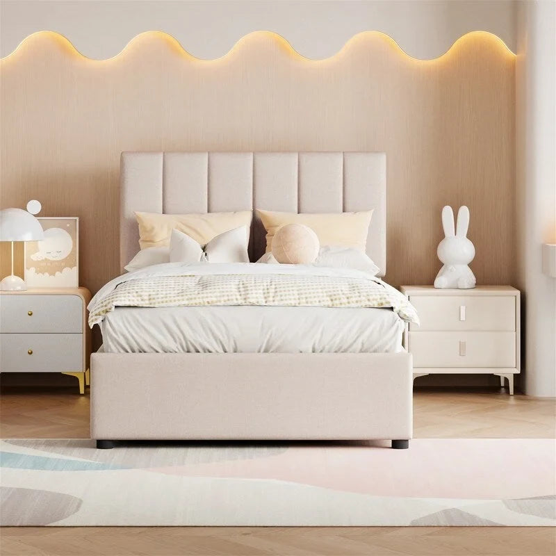 Letto a piattaforma singolo imbottito beige/grigio con contenitore a sollevamento idraulico
