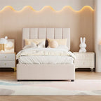 Letto a piattaforma singolo imbottito beige/grigio con contenitore a sollevamento idraulico