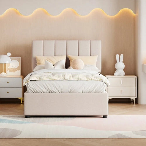 Letto a piattaforma singolo imbottito beige/grigio con contenitore a sollevamento idraulico