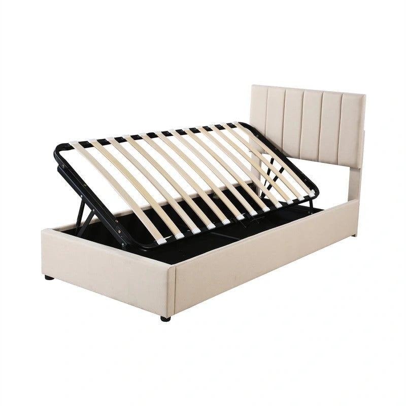 Letto a piattaforma singolo imbottito beige/grigio con contenitore a sollevamento idraulico