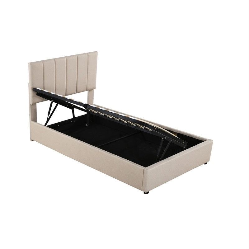 Letto a piattaforma singolo imbottito beige/grigio con contenitore a sollevamento idraulico