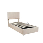 Letto a piattaforma singolo imbottito beige/grigio con contenitore a sollevamento idraulico