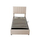 Letto a piattaforma singolo imbottito beige/grigio con contenitore a sollevamento idraulico