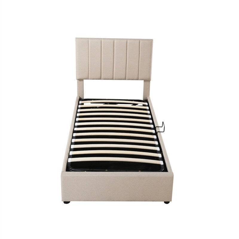 Letto a piattaforma singolo imbottito beige/grigio con contenitore a sollevamento idraulico