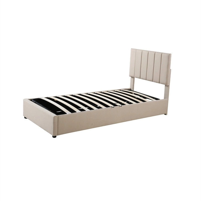 Letto a piattaforma singolo imbottito beige/grigio con contenitore a sollevamento idraulico