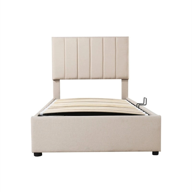 Letto a piattaforma singolo imbottito beige/grigio con contenitore a sollevamento idraulico