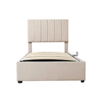 Letto a piattaforma singolo imbottito beige/grigio con contenitore a sollevamento idraulico