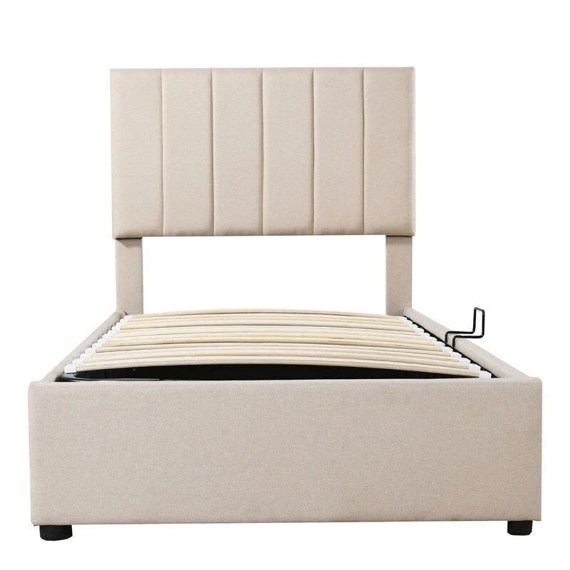 Letto a piattaforma singolo imbottito beige/grigio con contenitore a sollevamento idraulico
