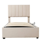 Letto a piattaforma singolo imbottito beige/grigio con contenitore a sollevamento idraulico
