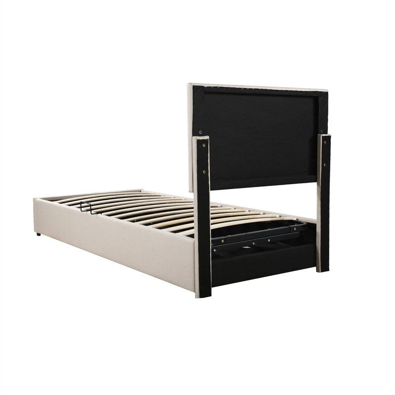 Letto a piattaforma singolo imbottito beige/grigio con contenitore a sollevamento idraulico