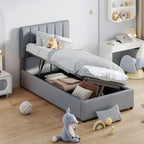 Letto a piattaforma singolo imbottito beige/grigio con contenitore a sollevamento idraulico