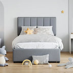 Letto a piattaforma singolo imbottito beige/grigio con contenitore a sollevamento idraulico