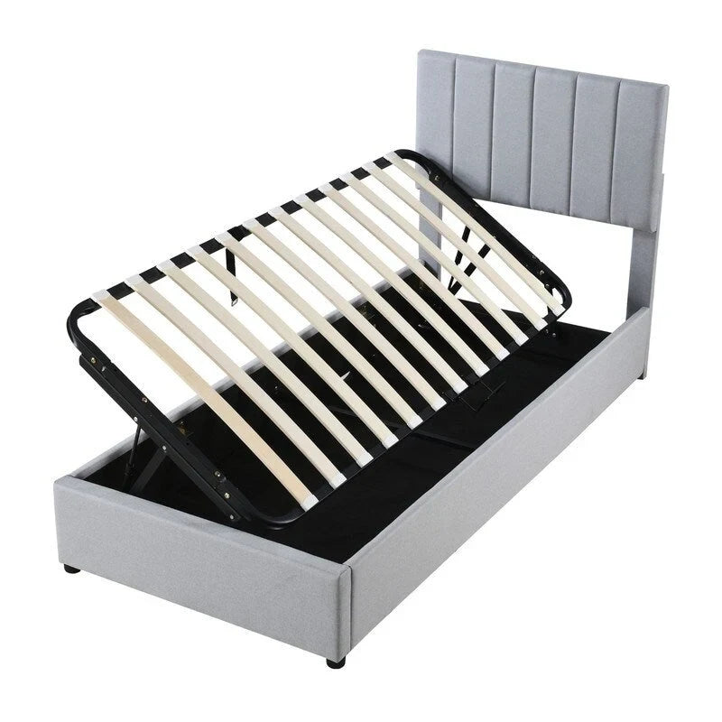 Letto a piattaforma singolo imbottito beige/grigio con contenitore a sollevamento idraulico
