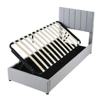 Letto a piattaforma singolo imbottito beige/grigio con contenitore a sollevamento idraulico
