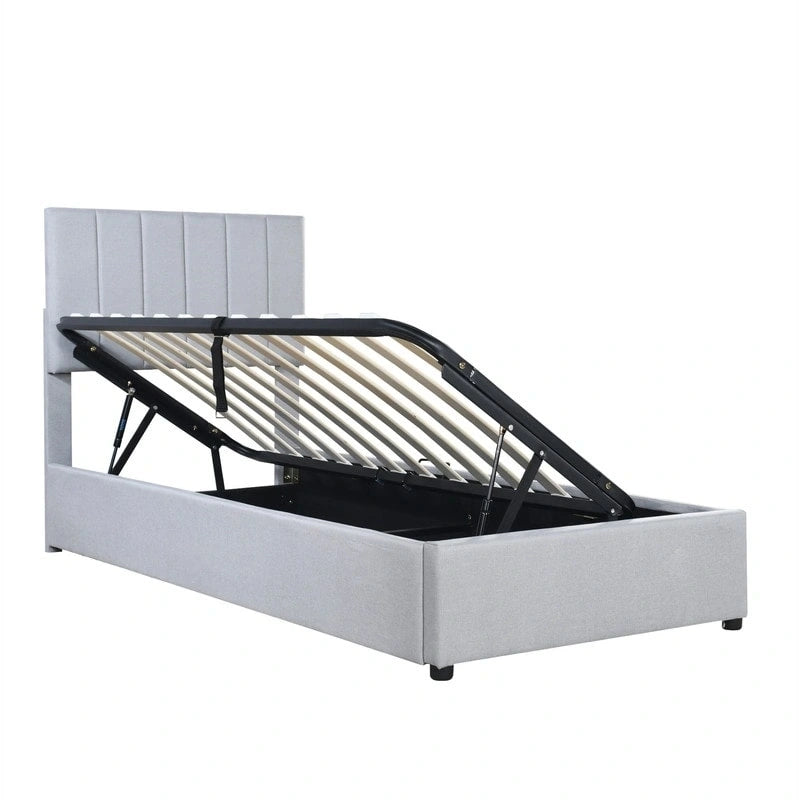 Letto a piattaforma singolo imbottito beige/grigio con contenitore a sollevamento idraulico