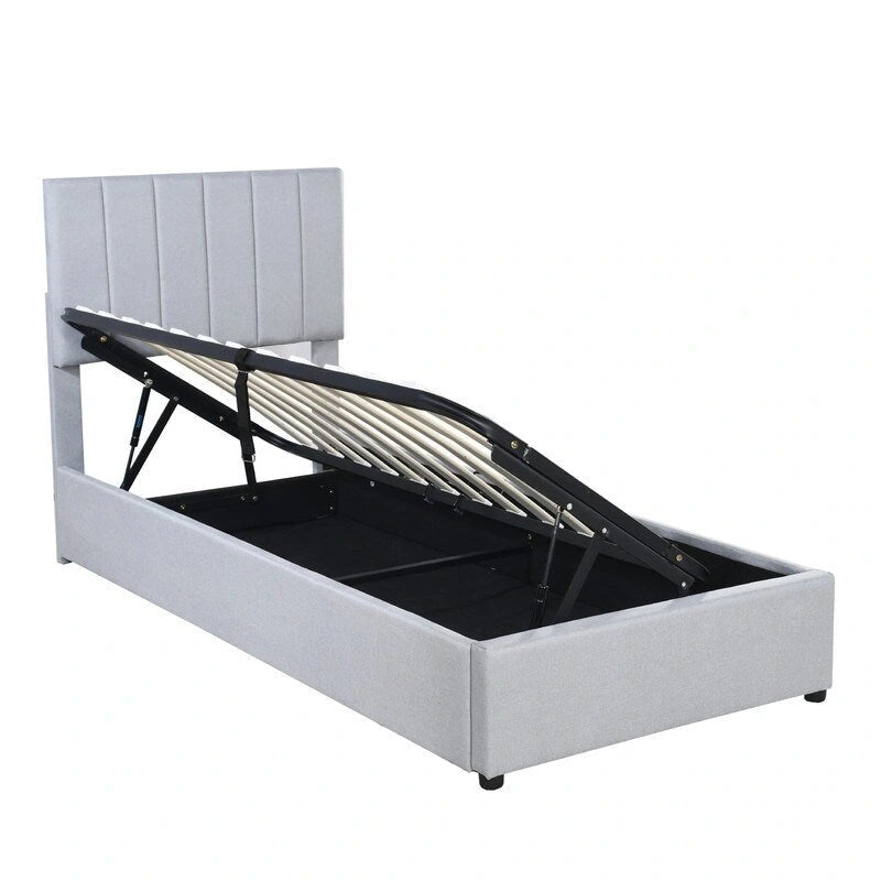 Letto a piattaforma singolo imbottito beige/grigio con contenitore a sollevamento idraulico