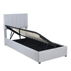Letto a piattaforma singolo imbottito beige/grigio con contenitore a sollevamento idraulico