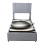 Letto a piattaforma singolo imbottito beige/grigio con contenitore a sollevamento idraulico