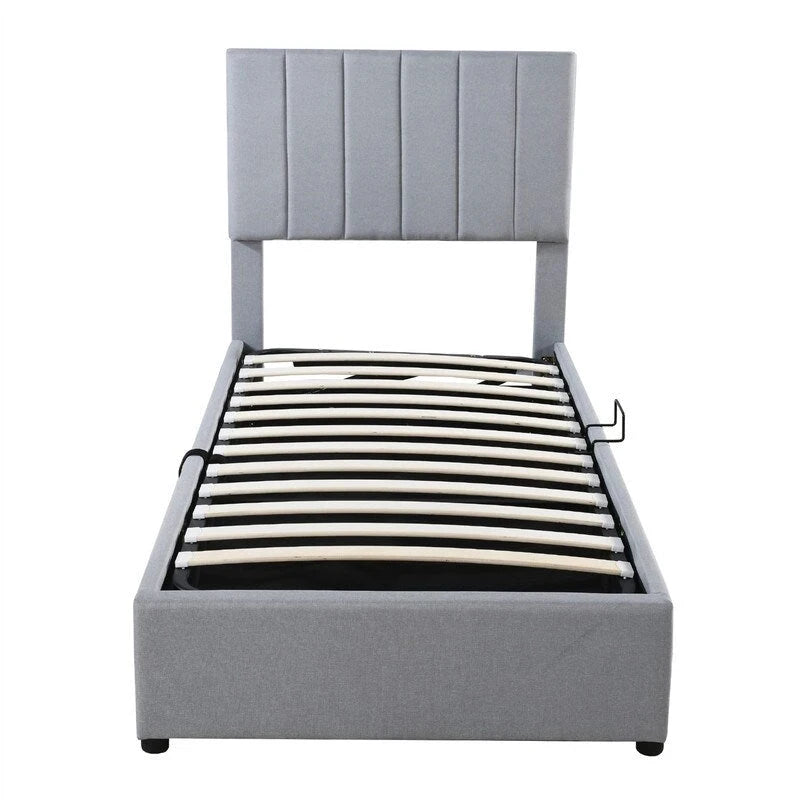 Letto a piattaforma singolo imbottito beige/grigio con contenitore a sollevamento idraulico