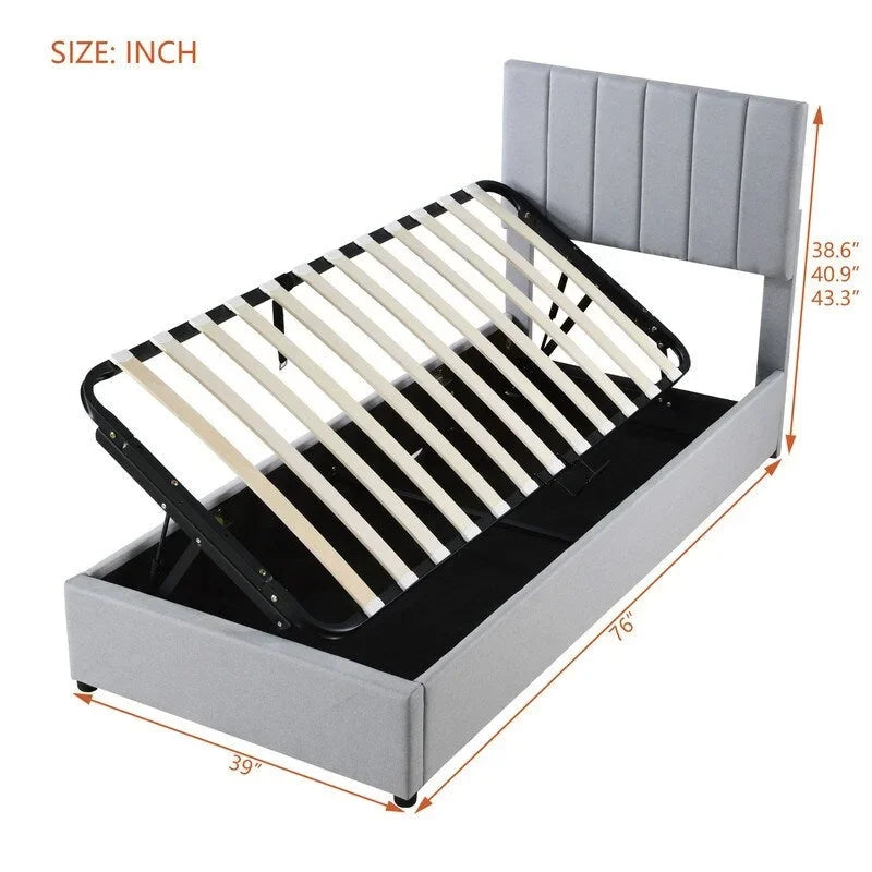 Letto a piattaforma singolo imbottito beige/grigio con contenitore a sollevamento idraulico