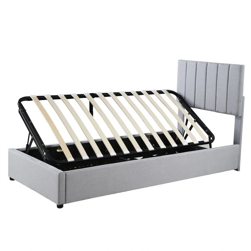 Letto a piattaforma singolo imbottito beige/grigio con contenitore a sollevamento idraulico