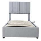 Letto a piattaforma singolo imbottito beige/grigio con contenitore a sollevamento idraulico