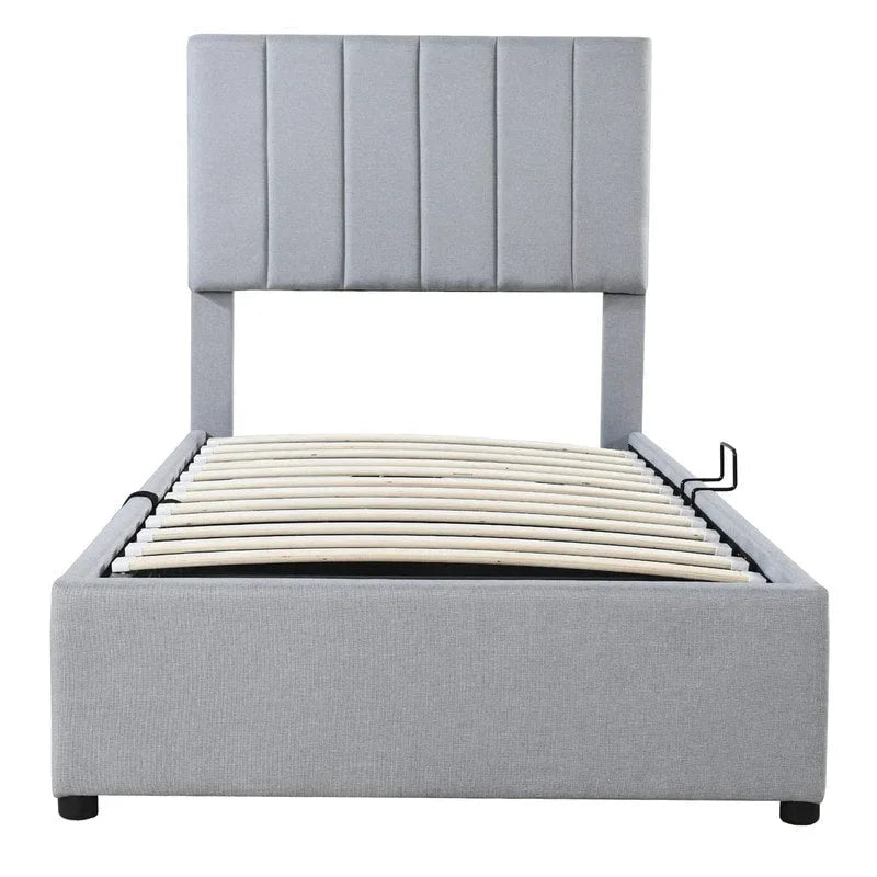 Letto a piattaforma singolo imbottito beige/grigio con contenitore a sollevamento idraulico