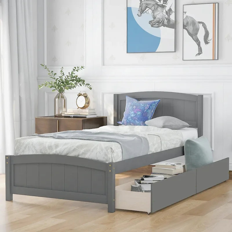 Letto a Piattaforma Singolo con 2 Cassetti Contenitore – Grigio / Bianco / Espresso, 1 Posto