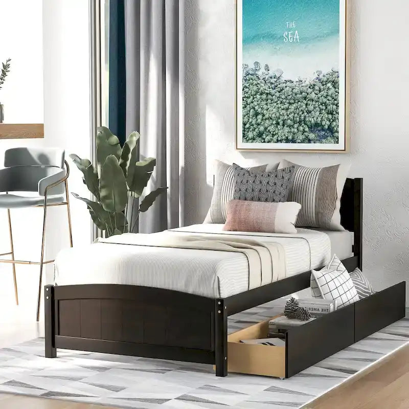 Letto a Piattaforma Singolo con 2 Cassetti Contenitore – Grigio / Bianco / Espresso, 1 Posto