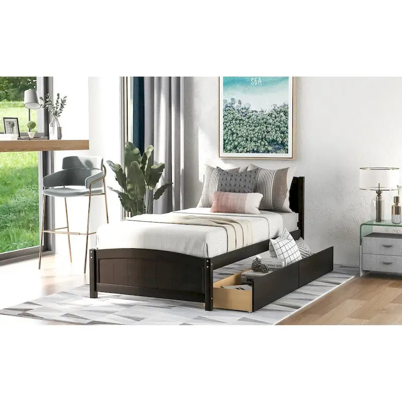 Letto a Piattaforma Singolo con 2 Cassetti Contenitore – Grigio / Bianco / Espresso, 1 Posto