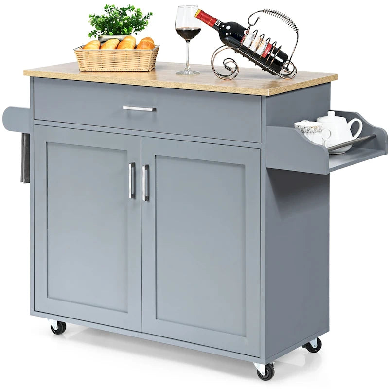 Carrello da Cucina con Isola su Ruote, Cassetto, Armadietto e Portaspezie (Marrone / Grigio)