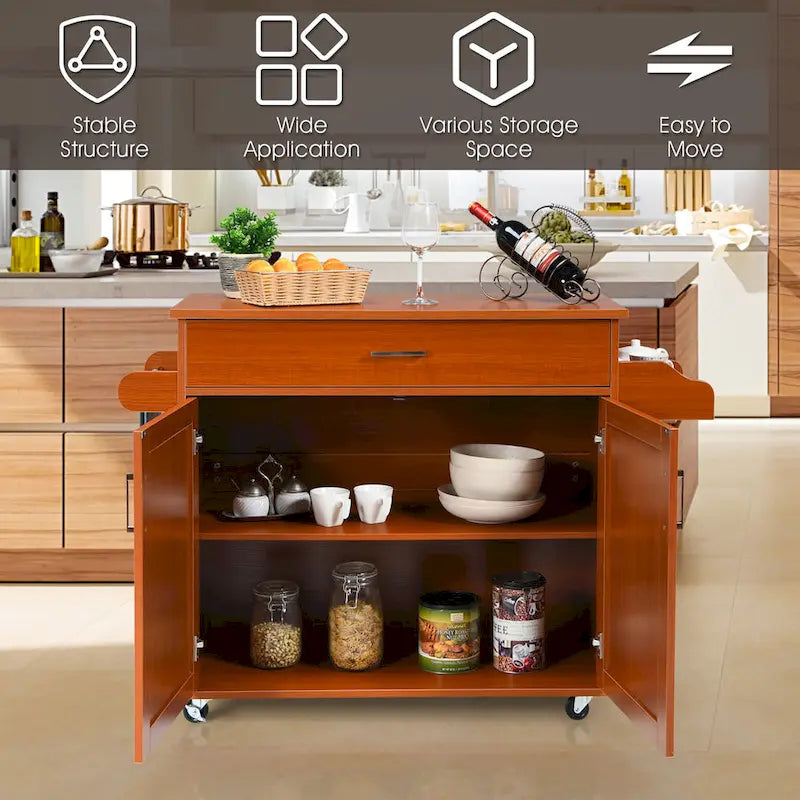 Carrello da Cucina con Isola su Ruote, Cassetto, Armadietto e Portaspezie (Marrone / Grigio)