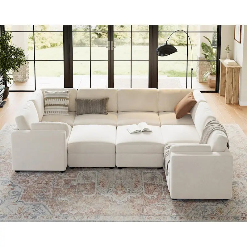 Divano sezionale modulare bianco a U a 9 posti con pouf contenitore