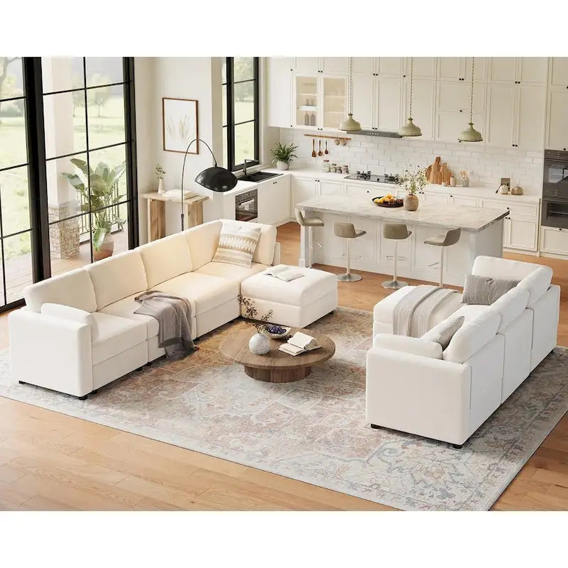 Divano sezionale modulare bianco a U a 9 posti con pouf contenitore