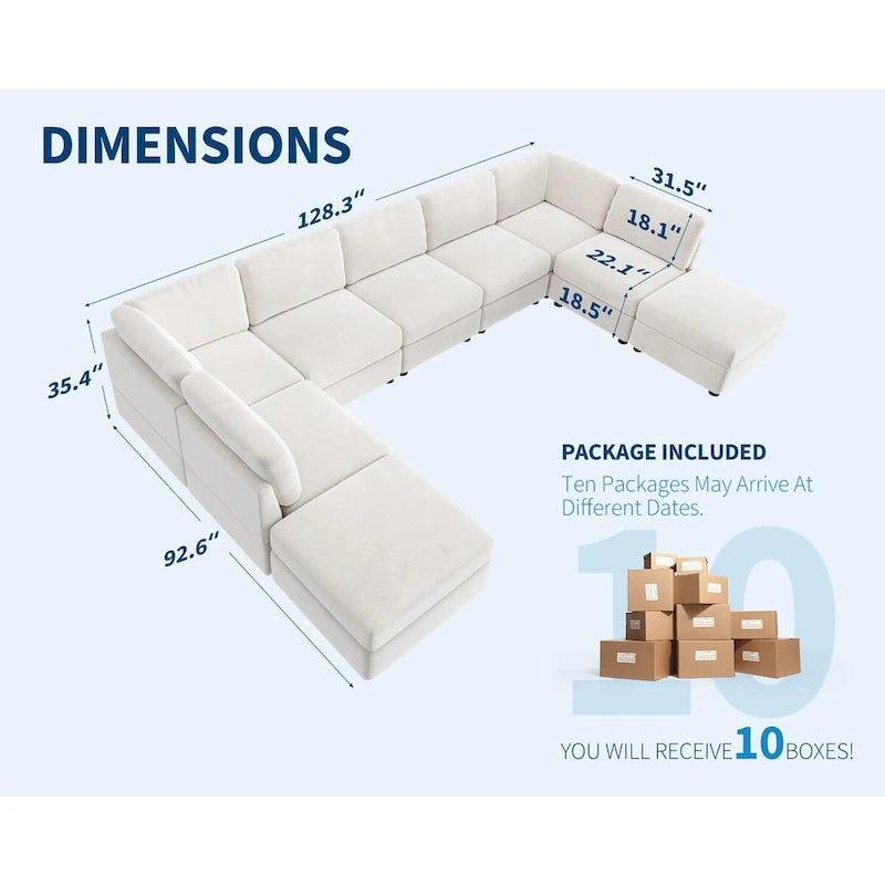 Divano sezionale modulare bianco a U a 9 posti con pouf contenitore