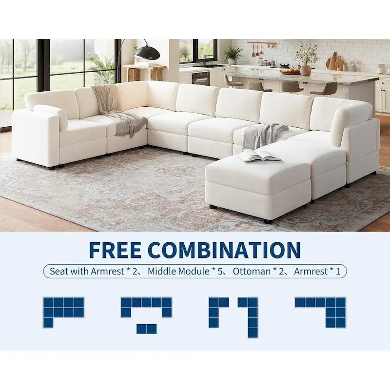 Divano sezionale modulare bianco a U a 9 posti con pouf contenitore