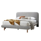 Letto King Size, Bordi Curvi, Bouclé Grigio e Legno Marrone, per 2 persone