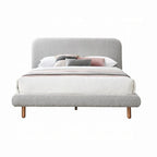 Letto King Size, Bordi Curvi, Bouclé Grigio e Legno Marrone, per 2 persone