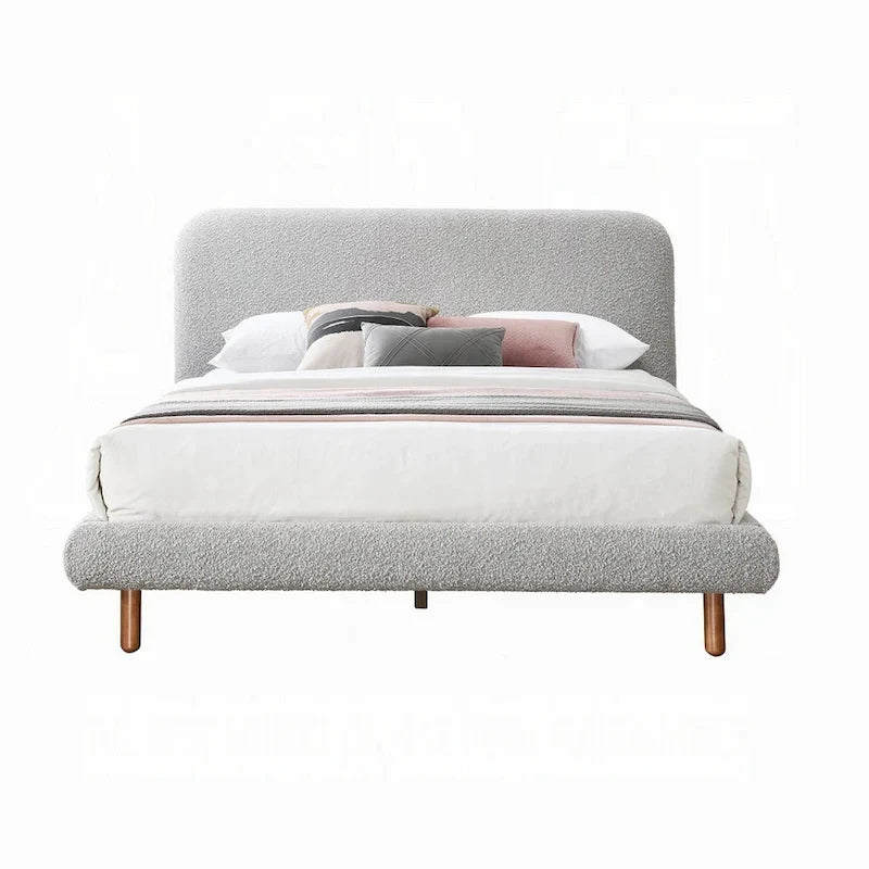 Letto King Size, Bordi Curvi, Bouclé Grigio e Legno Marrone, per 2 persone