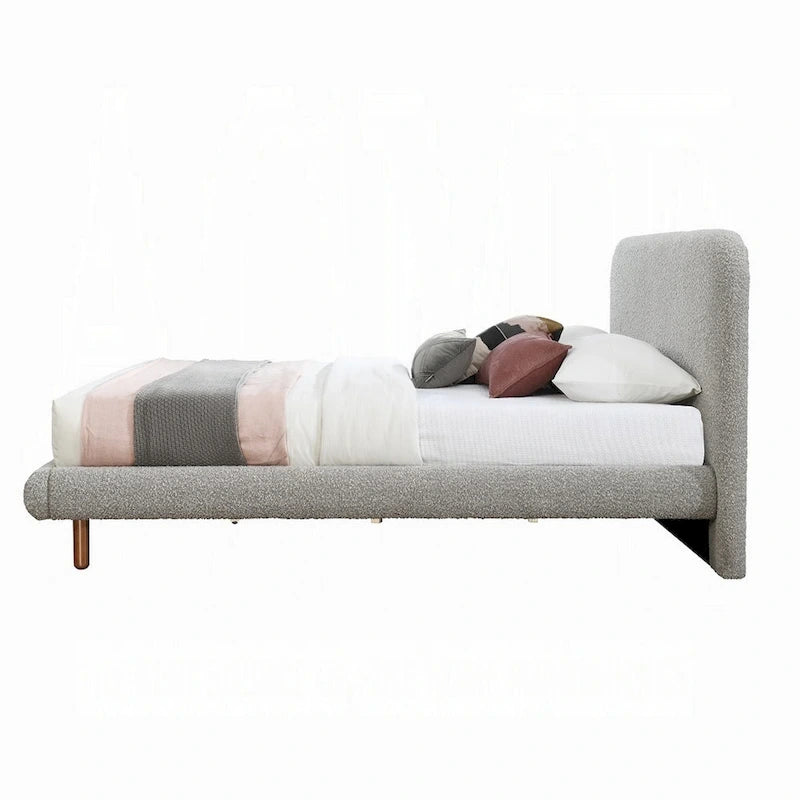 Letto King Size, Bordi Curvi, Bouclé Grigio e Legno Marrone, per 2 persone