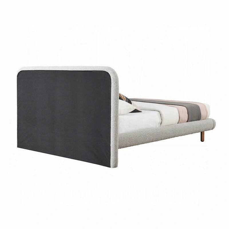 Letto King Size, Bordi Curvi, Bouclé Grigio e Legno Marrone, per 2 persone