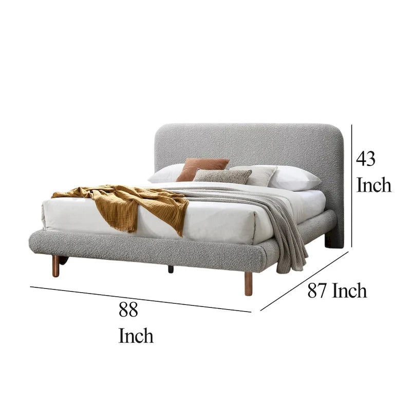 Letto King Size, Bordi Curvi, Bouclé Grigio e Legno Marrone, per 2 persone