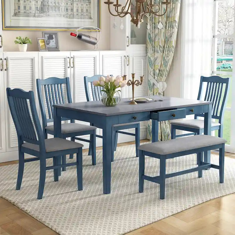 Set da pranzo 6 pezzi blu/grigio anticato per 5 – Tavolo, 4 sedie e panca