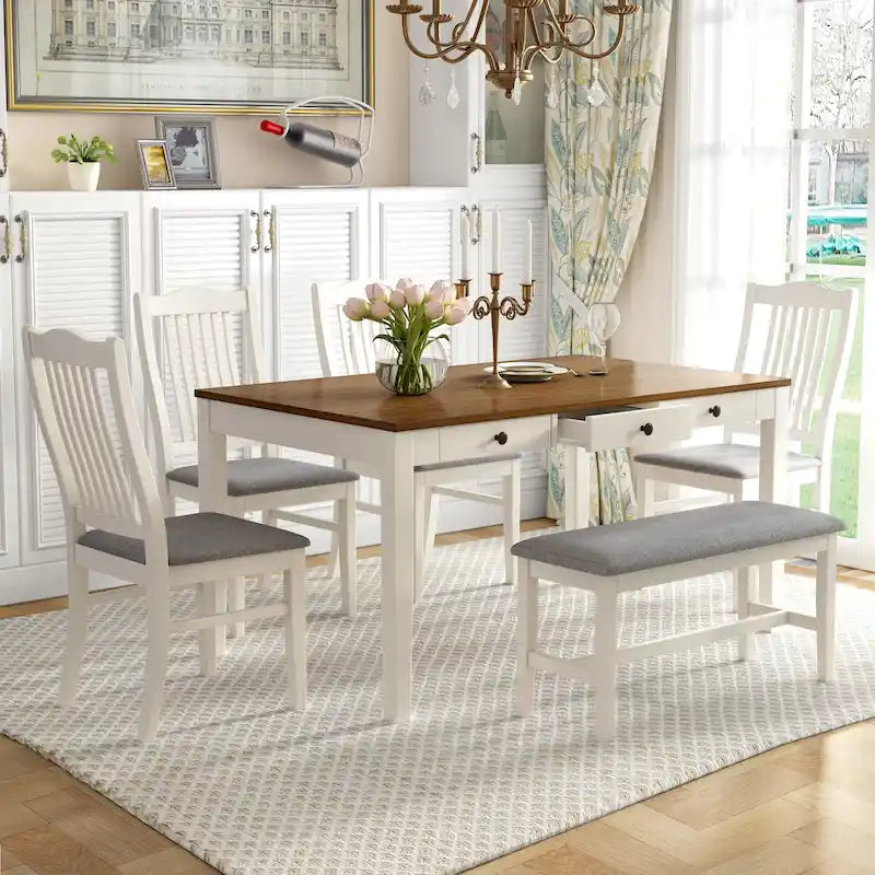 Set da pranzo 6 pezzi blu/grigio anticato per 5 – Tavolo, 4 sedie e panca