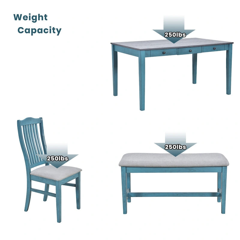 Set da pranzo 6 pezzi blu/grigio anticato per 5 – Tavolo, 4 sedie e panca