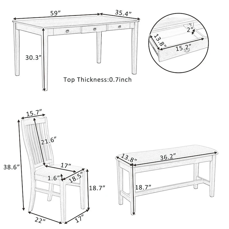 Set da pranzo 6 pezzi blu/grigio anticato per 5 – Tavolo, 4 sedie e panca