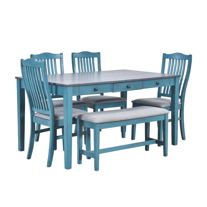 Set da pranzo 6 pezzi blu/grigio anticato per 5 – Tavolo, 4 sedie e panca